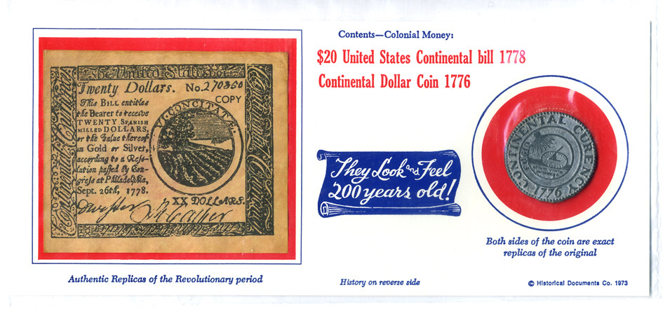 США СУВЕНИРНЫЙ НАБОР 1973 ДЕНЬГИ 200 ЛЕТ НАЗАД, 20 ДОЛЛАРОВ 1778 - КОПИЯ, 1 КОНТИНЕНТАЛЬНЫЙ ДОЛЛАР 1776 - КОПИЯ, В ОРИГИНАЛЬНОМ КОНВЕРТЕ, ЗАПАЙКА, РЕЛИКА бумага 7486-35-1-1