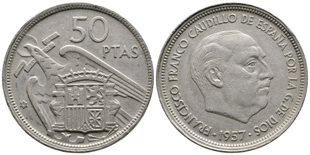 Испания 50 песет 1957 (60) Франциско Франко (1939-1975) KM 788 медно-никель 81-244