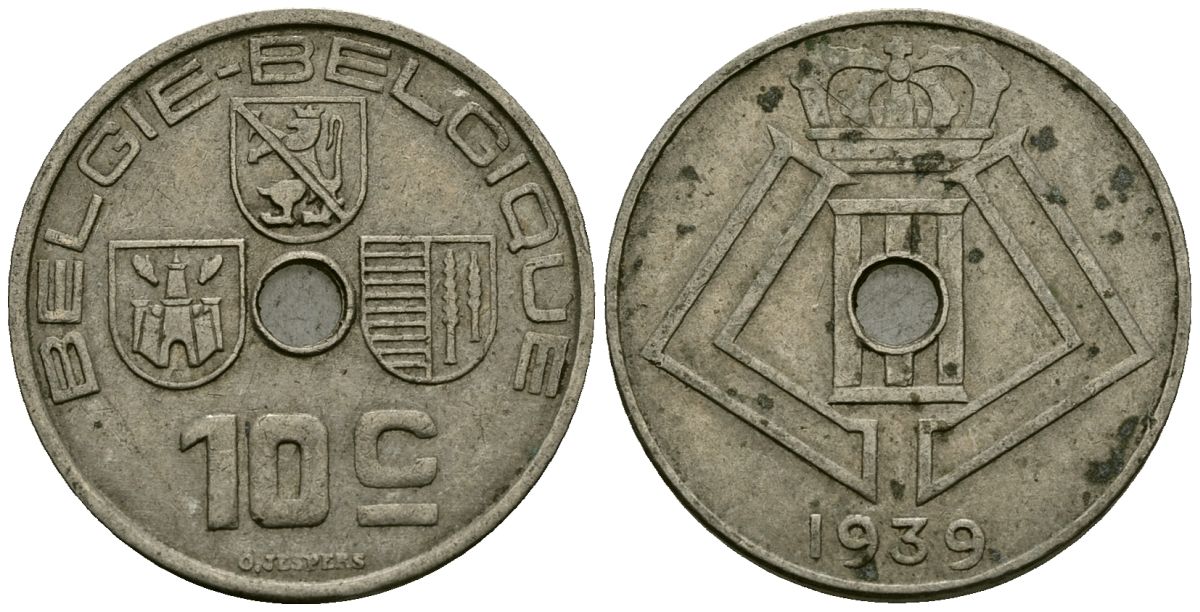 Бельгия 10 сантимов 1939 BELGIE - BELGIQUE KM 113 никель латунь 4172-114
