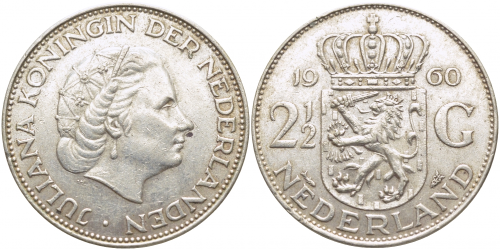 Нидерланды 2 1/2 гульдена 1960 Юлиана (1948-1980) KM 185 серебро 114-524