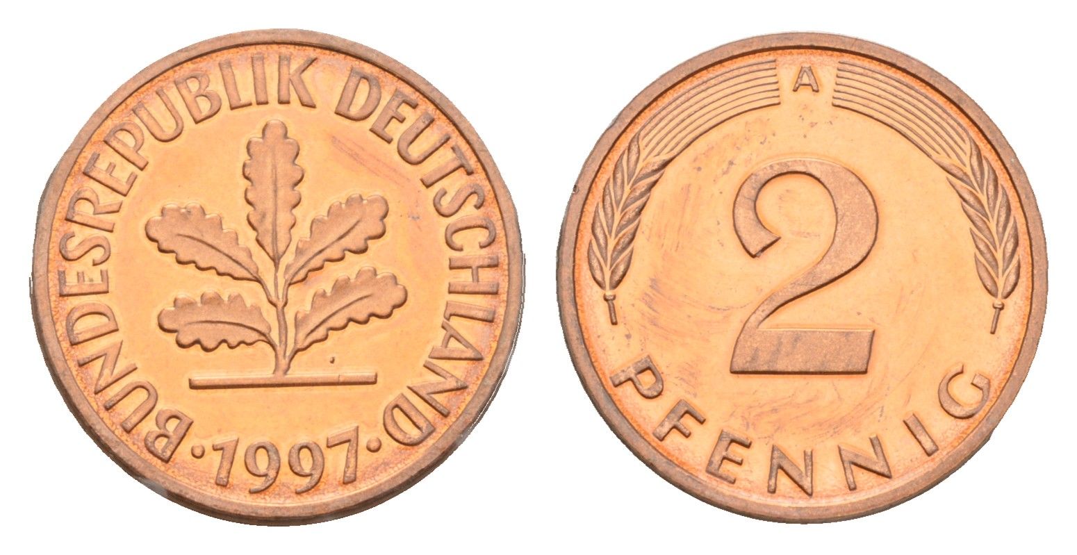 Германия 2 пфеннига 1997 A, в запайке KM 106a, J.381a сталь плакированная медью PROOF 4116-1034