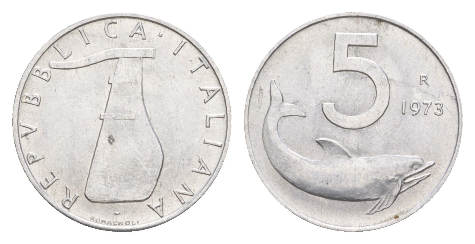 Италия 5 лир 1973 R, плуг, дельфин KM 92 алюминий UNC 4547-1221