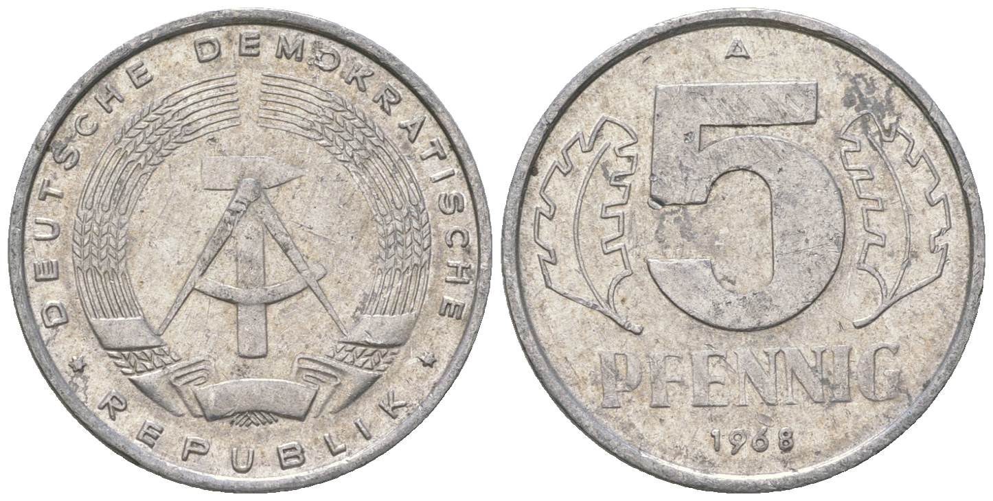 ГДР 5 пфеннигов 1968 A KM 9.1 алюминий 4625-226