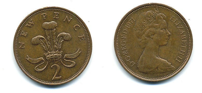 Великобритания 2 пенса 1971 Елизавета II (1952-2022) КМ 916, Spink 4235 (C1) бронза 4110-547