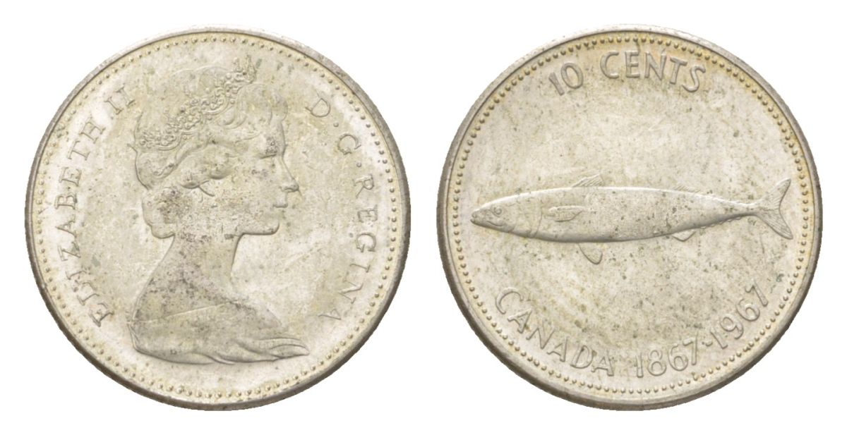 Канада 10 центов 1967 рыба, 100 лет Конфедерации Канада, Ссеребро 0.800, вес 2,3 гр, диаметр 18,3 мм KM 67 серебро 4623-953