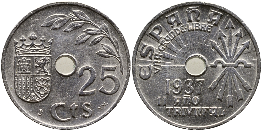 Испания 25 сентимо 1937 год тип KM 753 медно-никель 4379-454
