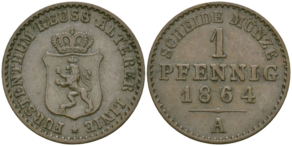 РЕЙС-ШЛАЙЦ 1 ПФЕННИГ 1864 А KM 69 медь 99-926