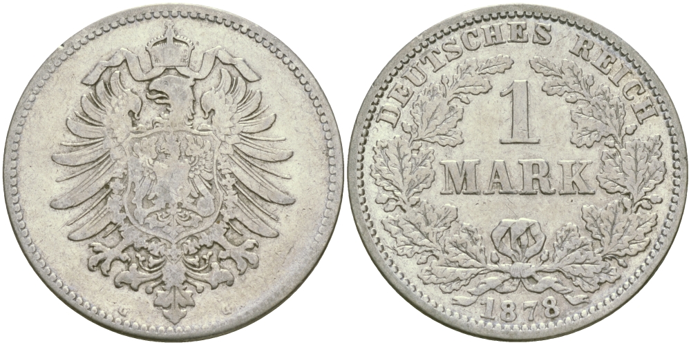 Германия 1 марка 1878 G Weege 17, J. 9, KM 7 серебро 65-126