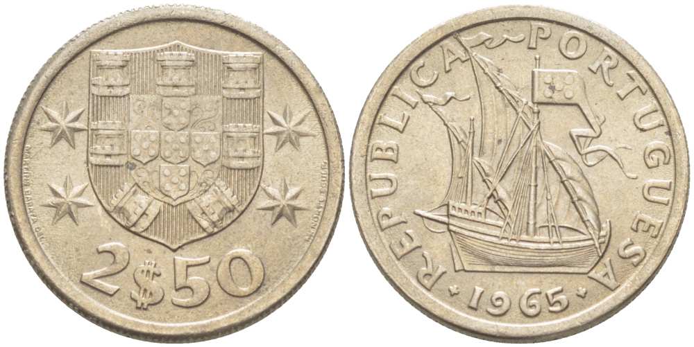 Португалия 2,5 эскудо 1965 парусник KM 590 медно-никель XF+ 4513-1134