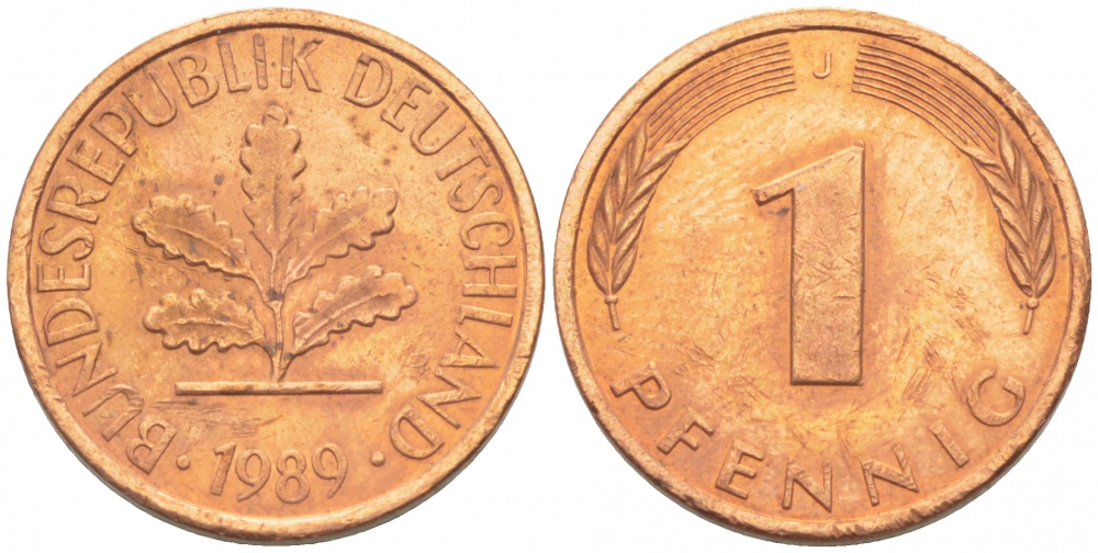 ФРГ 1 ПФЕННИГ 1989 J KM 105, J.380 сталь плакированная медью 4396-1541
