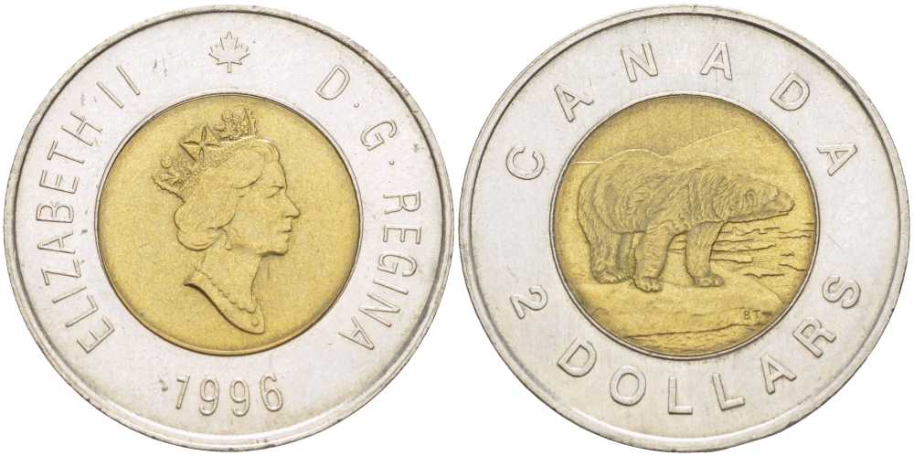 КАНАДА 2 ДОЛЛАРА 1996 ЕЛИЗАВЕТА II (1952-), ПОЛЯРНЫЙ МЕДВЕДЬ KM 270 биметалл 180-812