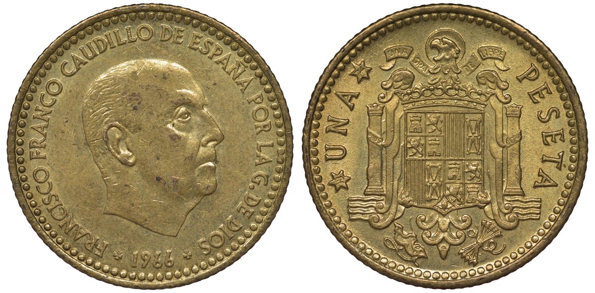 Испания 1 песета 1966 (74) Франсиско Франко (1939-1975) KM 796 алюминиевая бронза 4128-1042