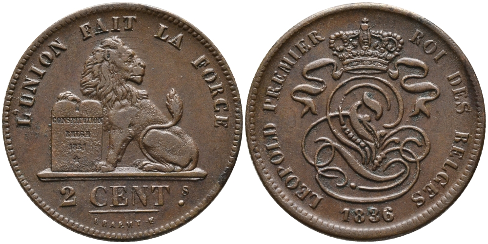 БЕЛЬГИЯ 2 САНТИМА 1836 BELGES KM 4.2 медь 95-637