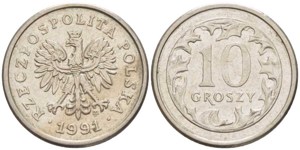 ПОЛЬША 10 ГРОШЕЙ 1991 MW KM 279 медно-никель 3309-713