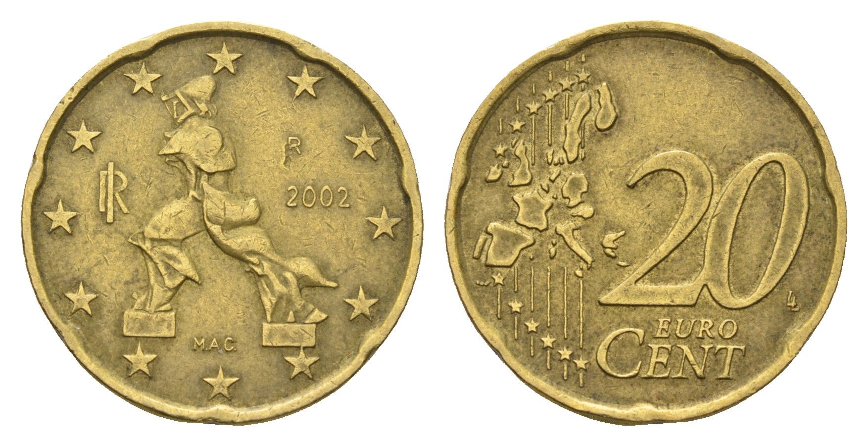Италия 20 евроцентов 2002 KM 214 нордик 4616-515