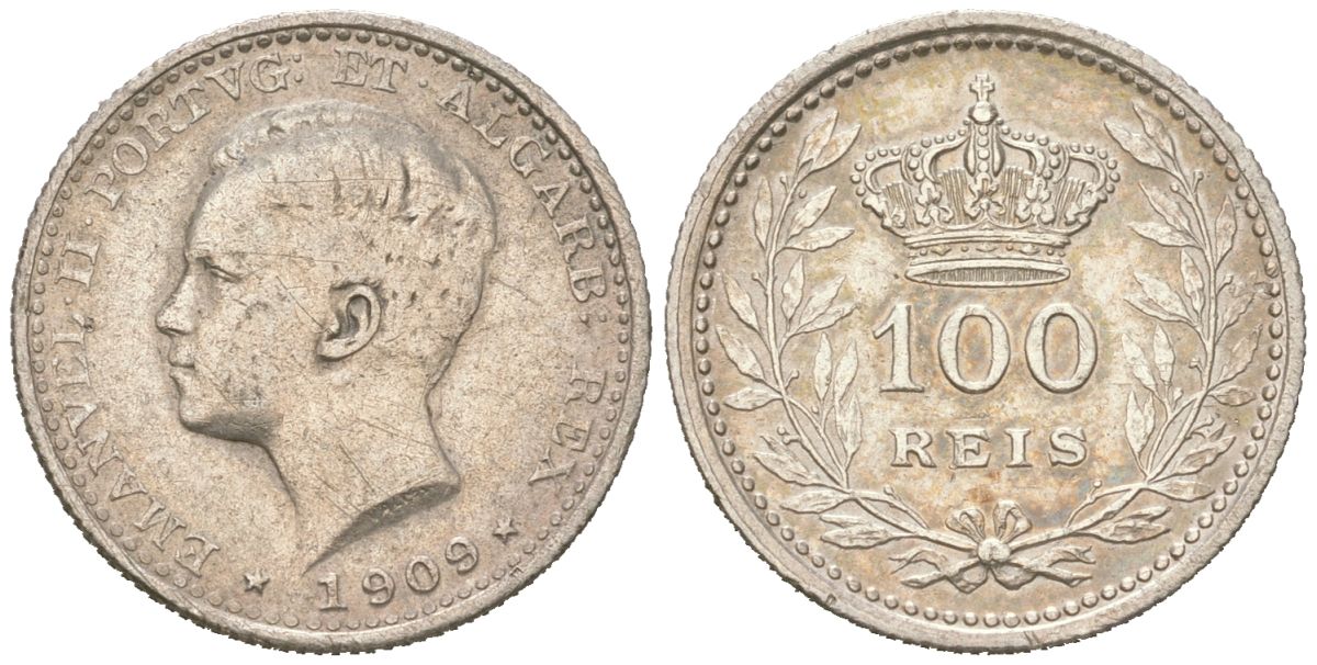 Португалия 100 реалов 1909 Мануэл II (1908-1910) KM 548 серебро 4611-314
