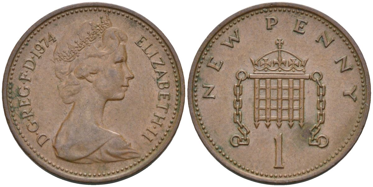 Великобритания 1 пенни 1974 Елизавета II (1952-2022) KM 915, Spink 4237 (B1) бронза 4115-668