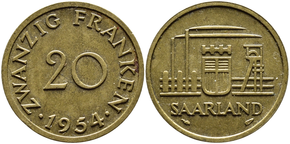 Саарланд 20 франков 1954 индустрия KM 2 алюминиевая бронза 4364-2636