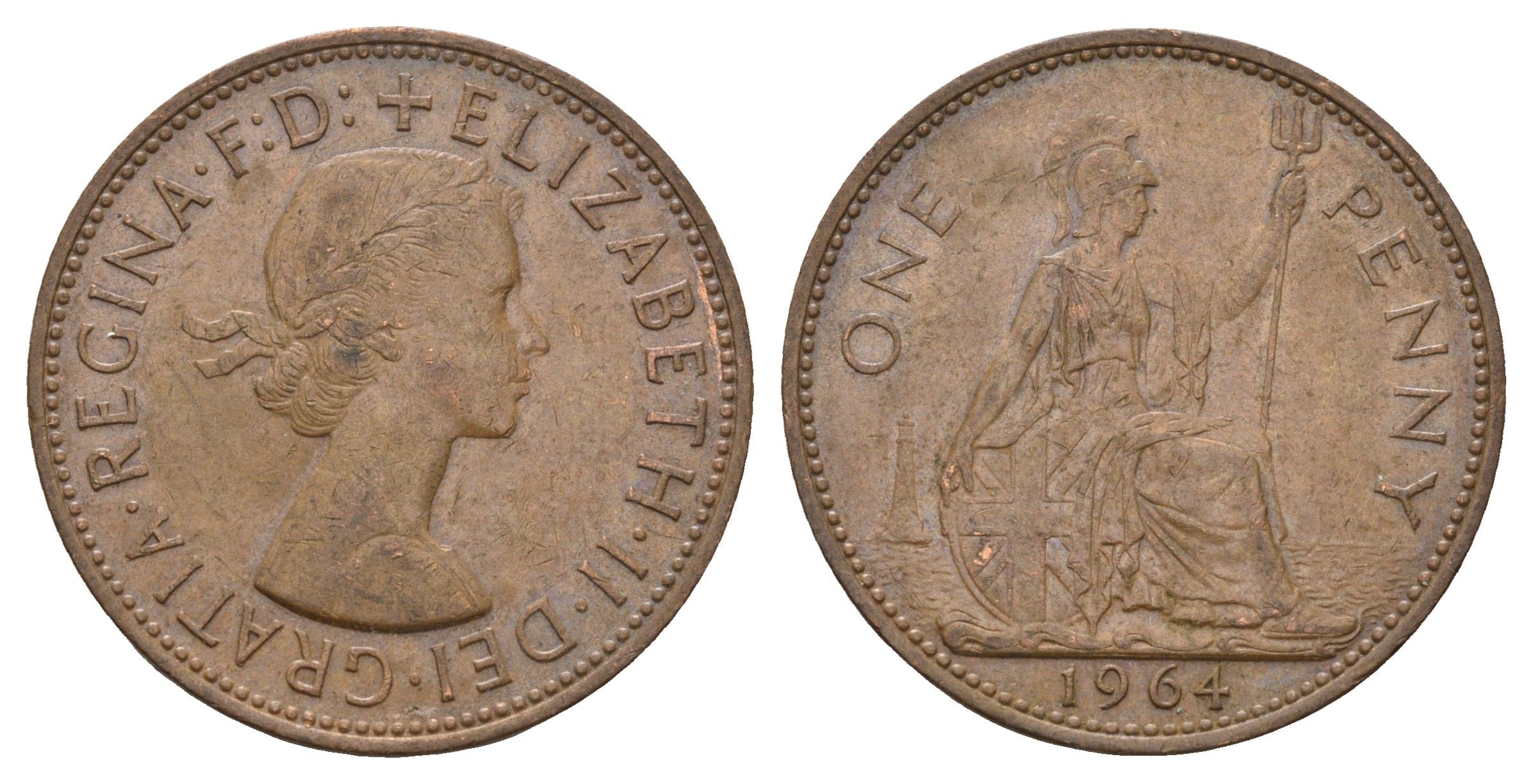 Великобритания 1 пенни 1964 Елизавета II (1952-2022) KM 897, Spink 4157 бронза 221-913