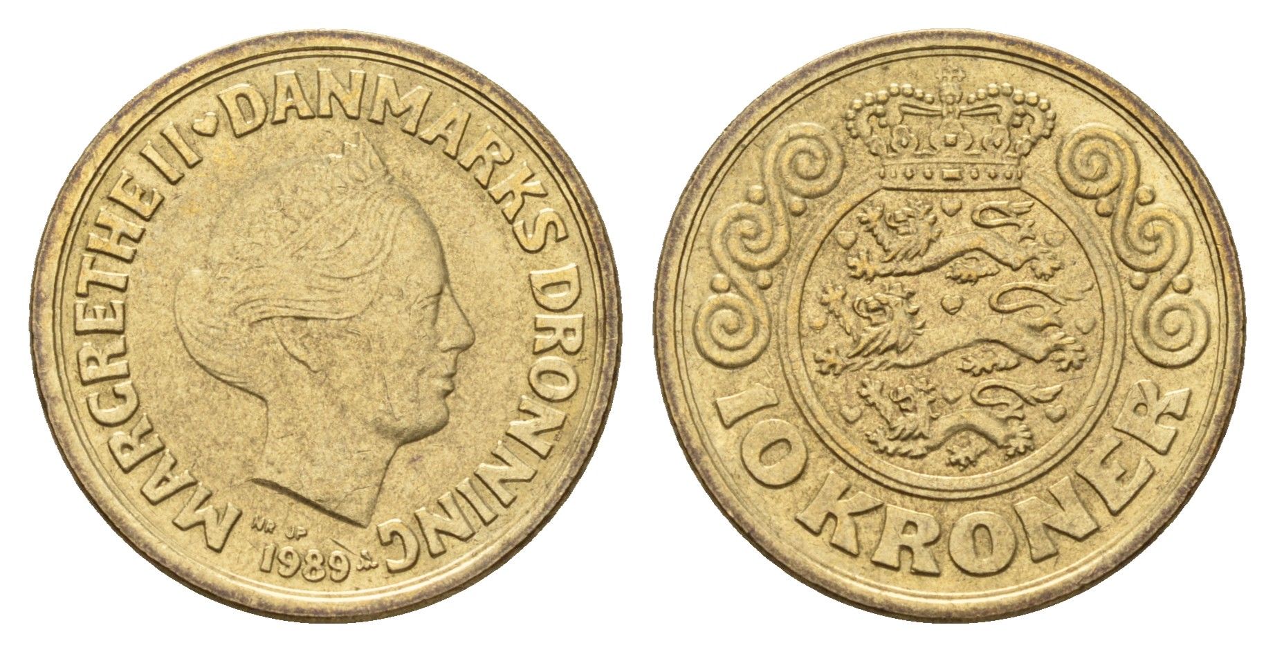 Дания 10 крон 1989 NR, Маргрете II (1972-2024) KM 867 алюминиевая бронза aUNC 119-1215