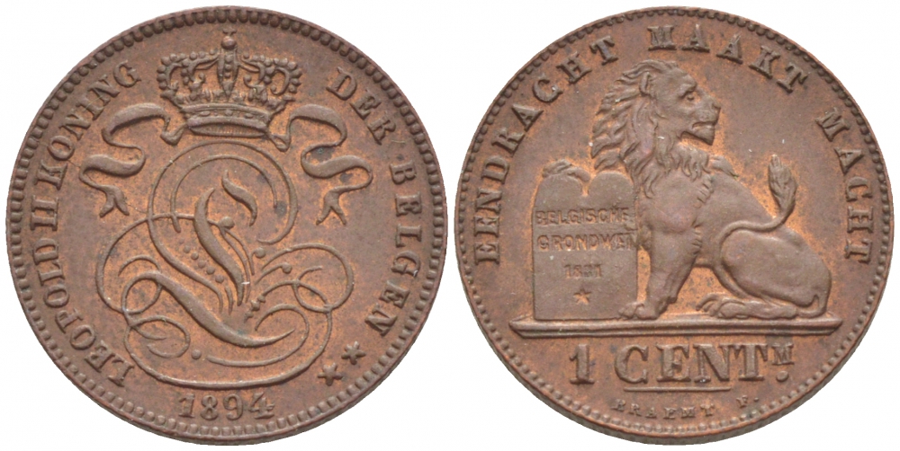 БЕЛЬГИЯ 1 САНТИМ 1894 BELGEN KM 34.1 медь 116-717