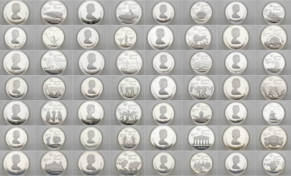 Канада набор из 28 монет по 5 и 10 долларов 1973-1976 XXI летние Олимпийские игры в Монреале 1976 года, в оригинальных коробках (7 коробок), с сертификатами, полный комплект серебро, KM OCP1-OCP7 серебро PROOF 3-4-5-1