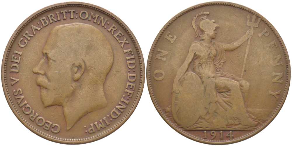 Великобритания 1 пенни 1914 Георг V (1910-1936) KM 810, Spink 4051 бронза 111-1233