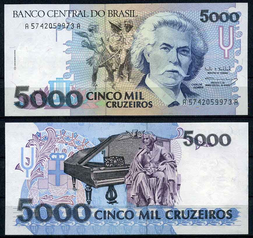 Бразилия 5000 крузейро ND (1990-1993) серия А 5742, Карлось Гомес, музыкант, рояль Pick 232 c бумага UNC (пресс)   447-16-2