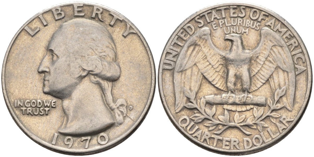 США 25 центов (квотер) 1970 D, Вашингтон КМ 164а медь плакированная медно-никелем 4584-952