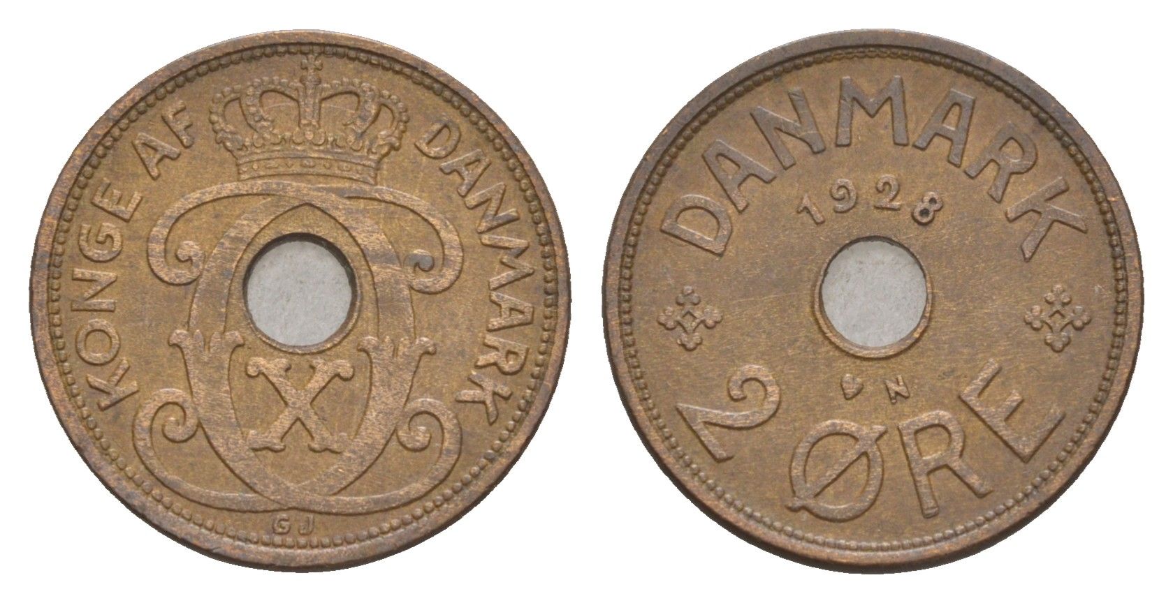 Дания 2 эре 1928 N, Кристиан X (1912-1947) KM 827 бронза 4658-212