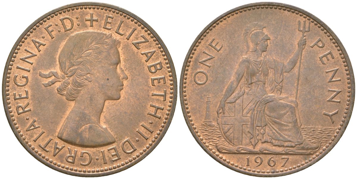 Великобритания 1 пенни 1967 Елизавета II (1952-2022) KM 897, Spink 4157 бронза    82-1136
