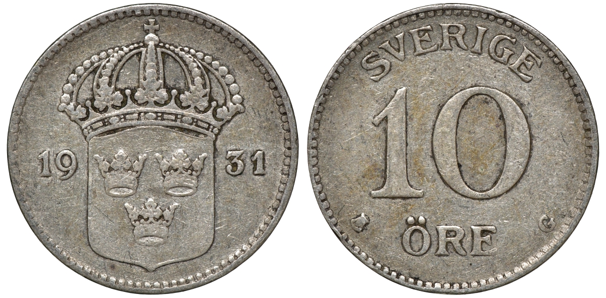 Швеция 10 эре 1931 G, Густав V (1907-1950) KM 780 серебро 4179-616