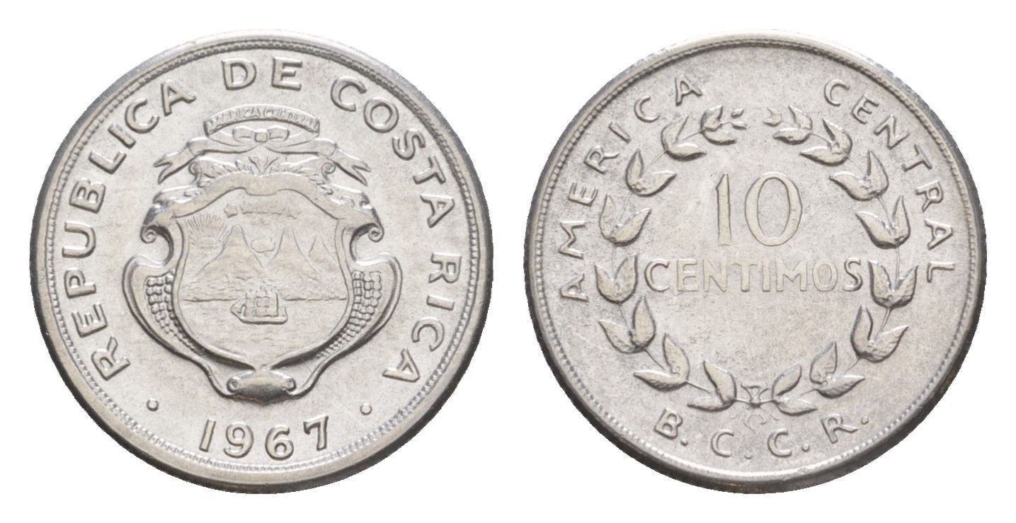 Коста-Рика 10 сентимо 1967 KM 185.1a нержавеющая сталь UNC 4644-337