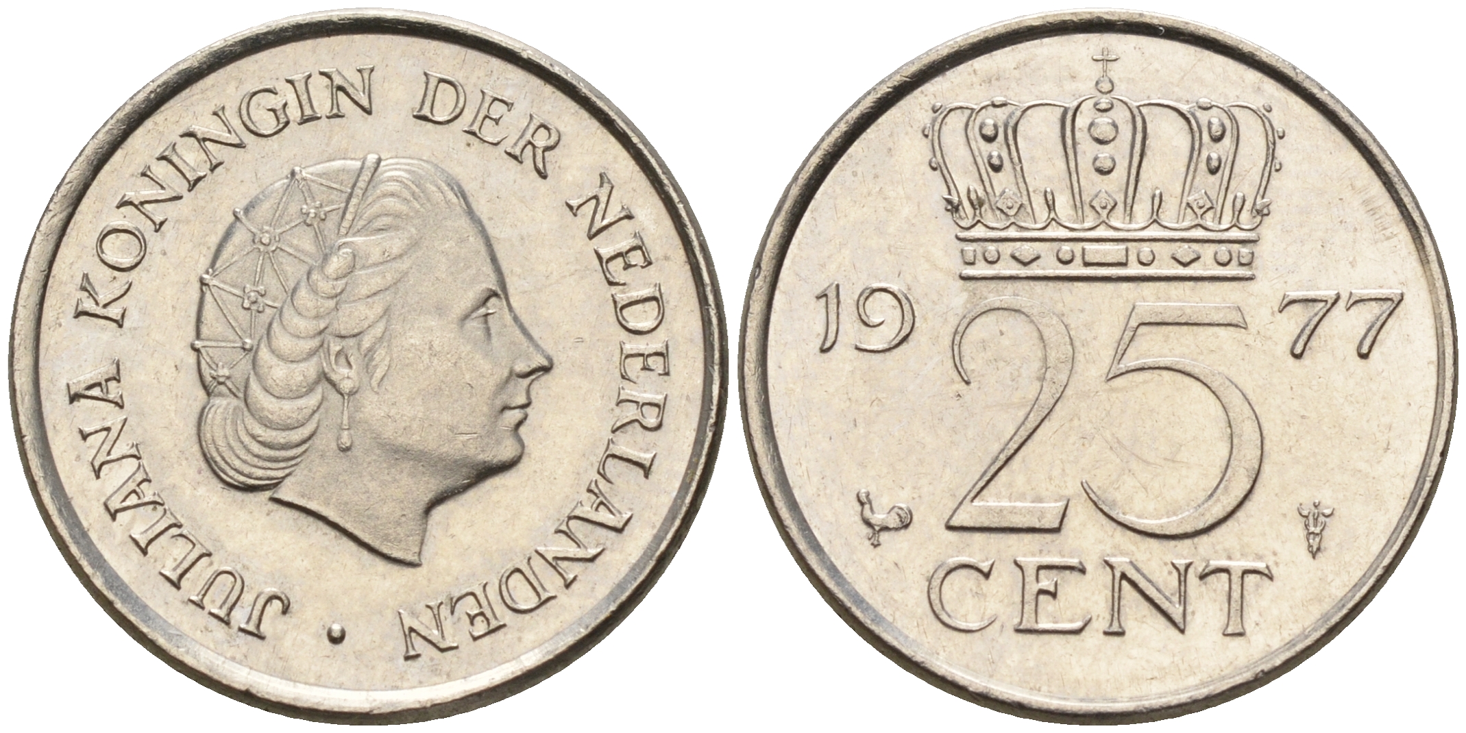 Нидерланды 25 центов 1977 Юлиана (1948-1980) KM 183 никель 4124-134