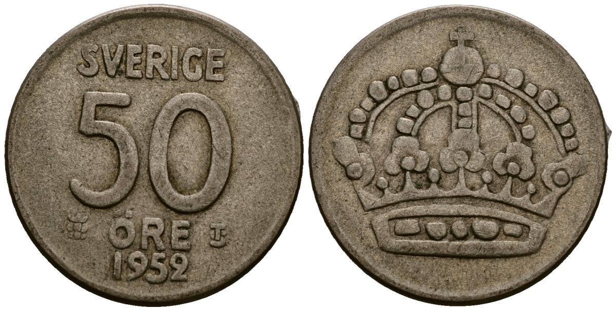 Швеция 50 эре 1952 Густав VI Адольф (1950-1973) KM 825 серебро 4177-932