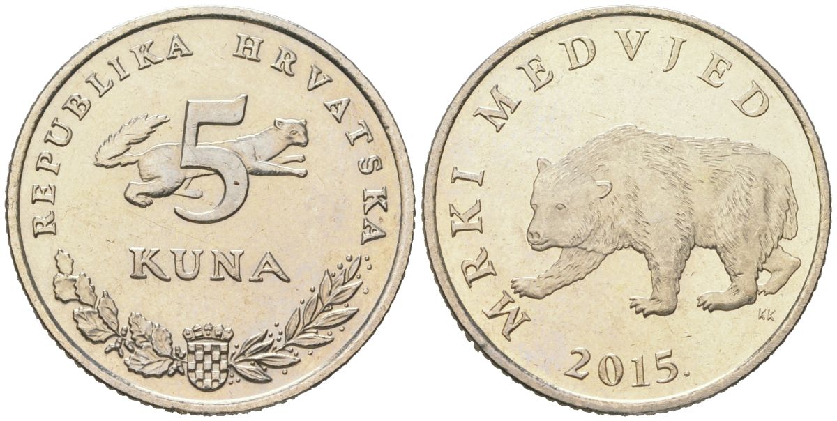 Хорватия 5 кун 2015 бурый медведь KM 11 медь цинк никель BU 4574-922