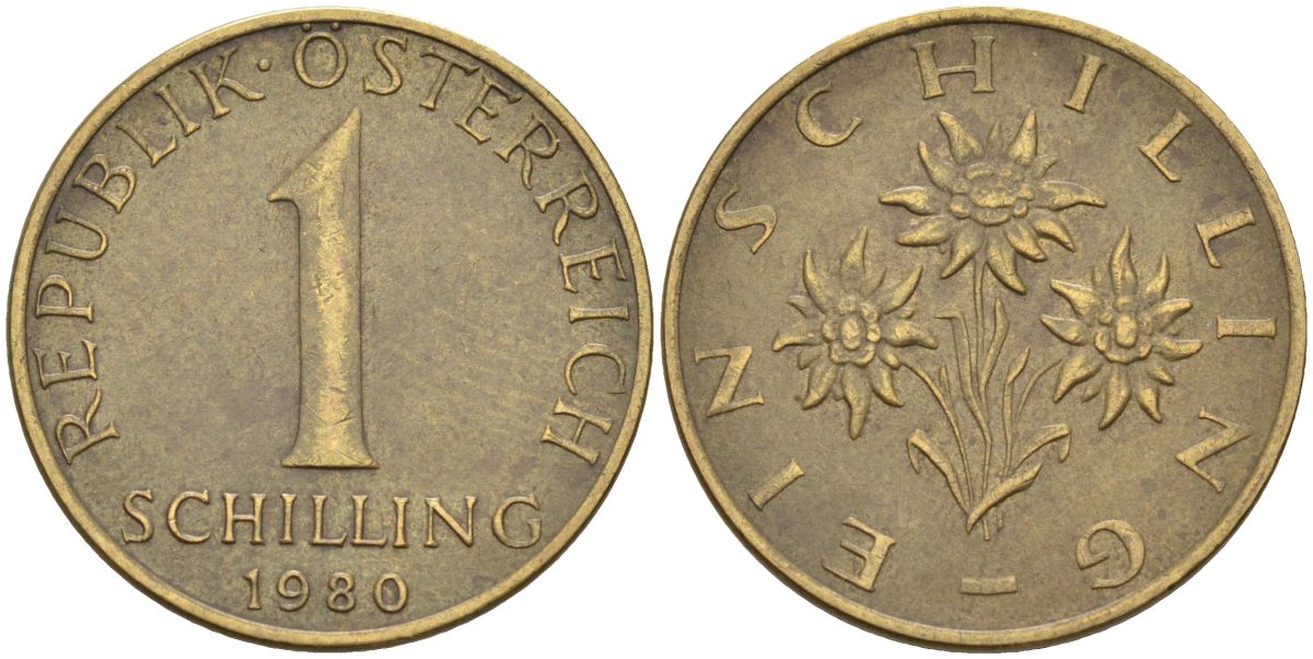 Австрия 1 шиллинг 1980 KM 2886 алюминиевая бронза 4592-1016