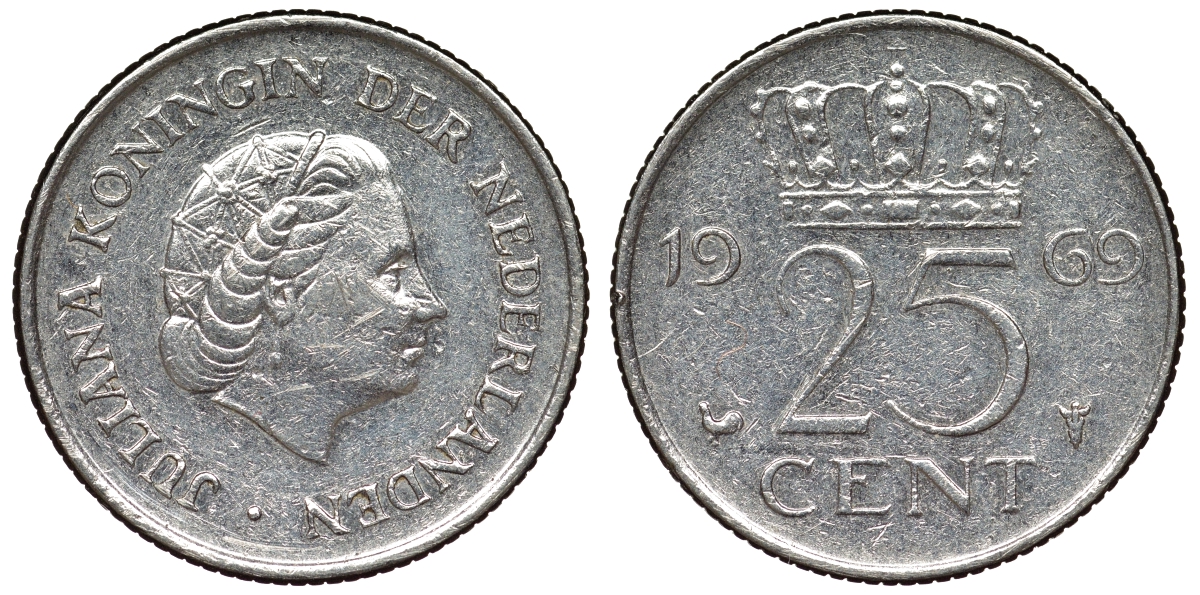 Нидерланды 25 центов 1969 Юлиана (1948-1980) KM 183 никель 71-1032
