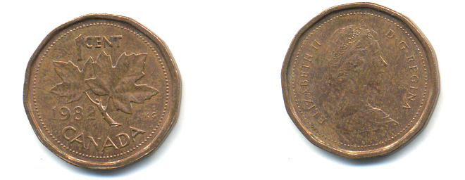 Канада 1 цент 1982 Елизавета II (1952-2022), кленовый лист KM 132 бронза 177-1454