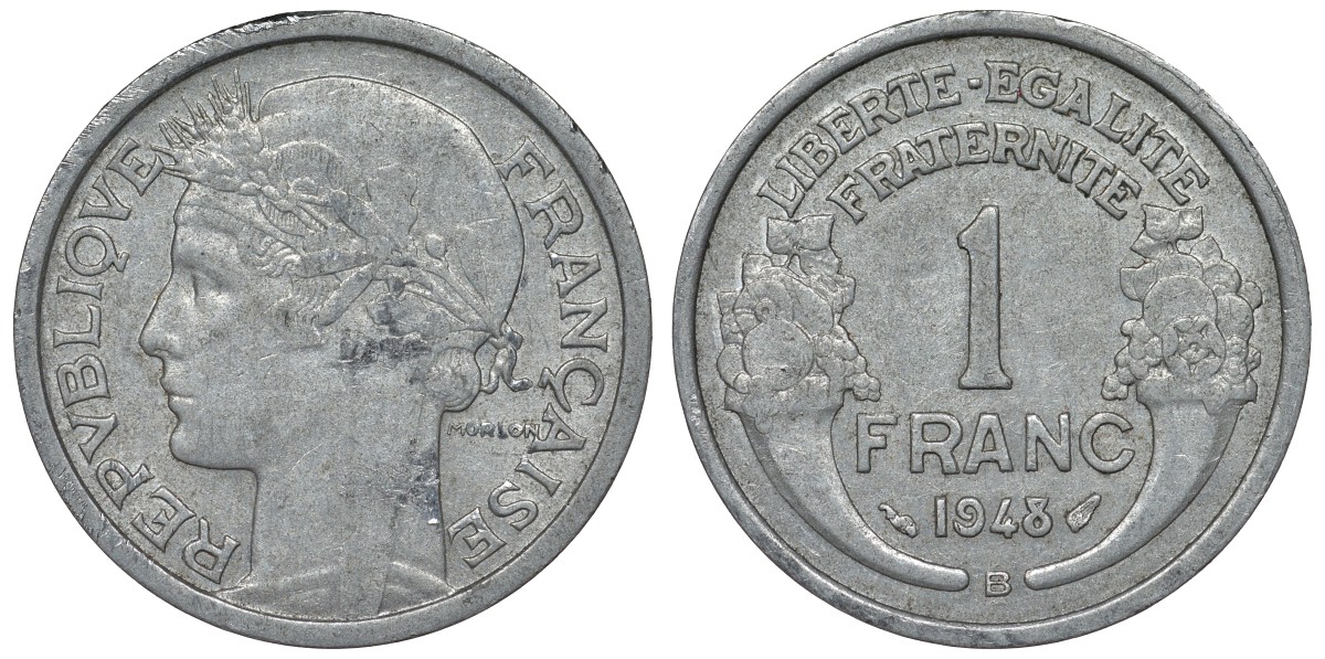 Франция 1 франк 1948 В KM 885а.2, Le Franc 221.14 алюминий 4128-326