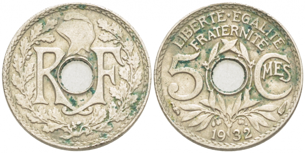 ФРАНЦИЯ 5 САНТИМОВ 1932 ТИП ЛИНДАЙЁ KM 875 медно-никель 3955-315