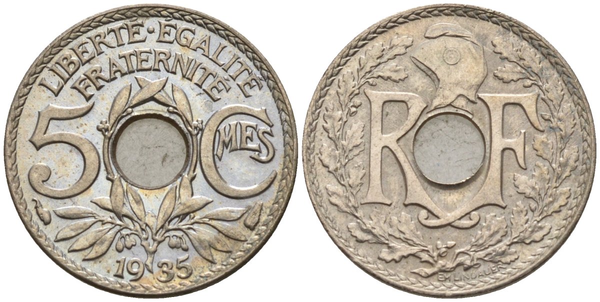 Франция 5 сантимов 1935 KM 875 медно-никель 4596-629