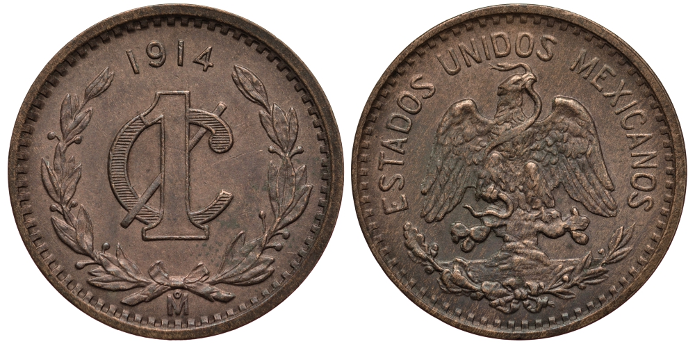 МЕКСИКА 1 СЕНТАВО 1914 ДАТА ШИРОКАЯ KM 415 бронза VF+ 4401-532