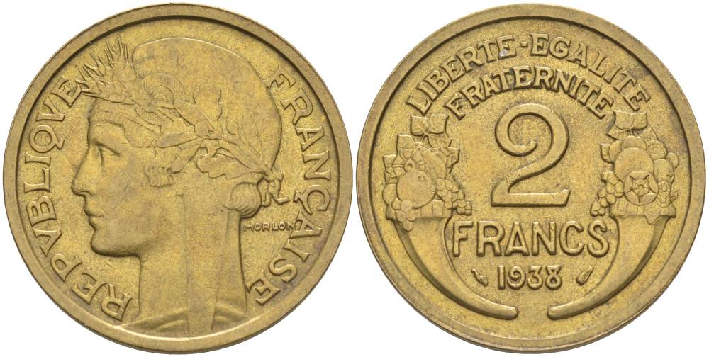 ФРАНЦИЯ 2 ФРАНКА 1938 ТИП MORLON KM 886, LE FRANC 268.11 алюминиевая бронза 3855-121