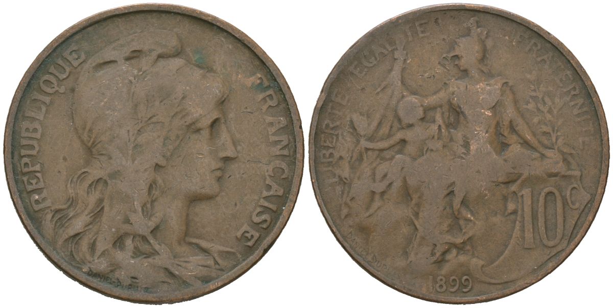 Франция 10 сантимов 1899 KM 843 бронза 221-525