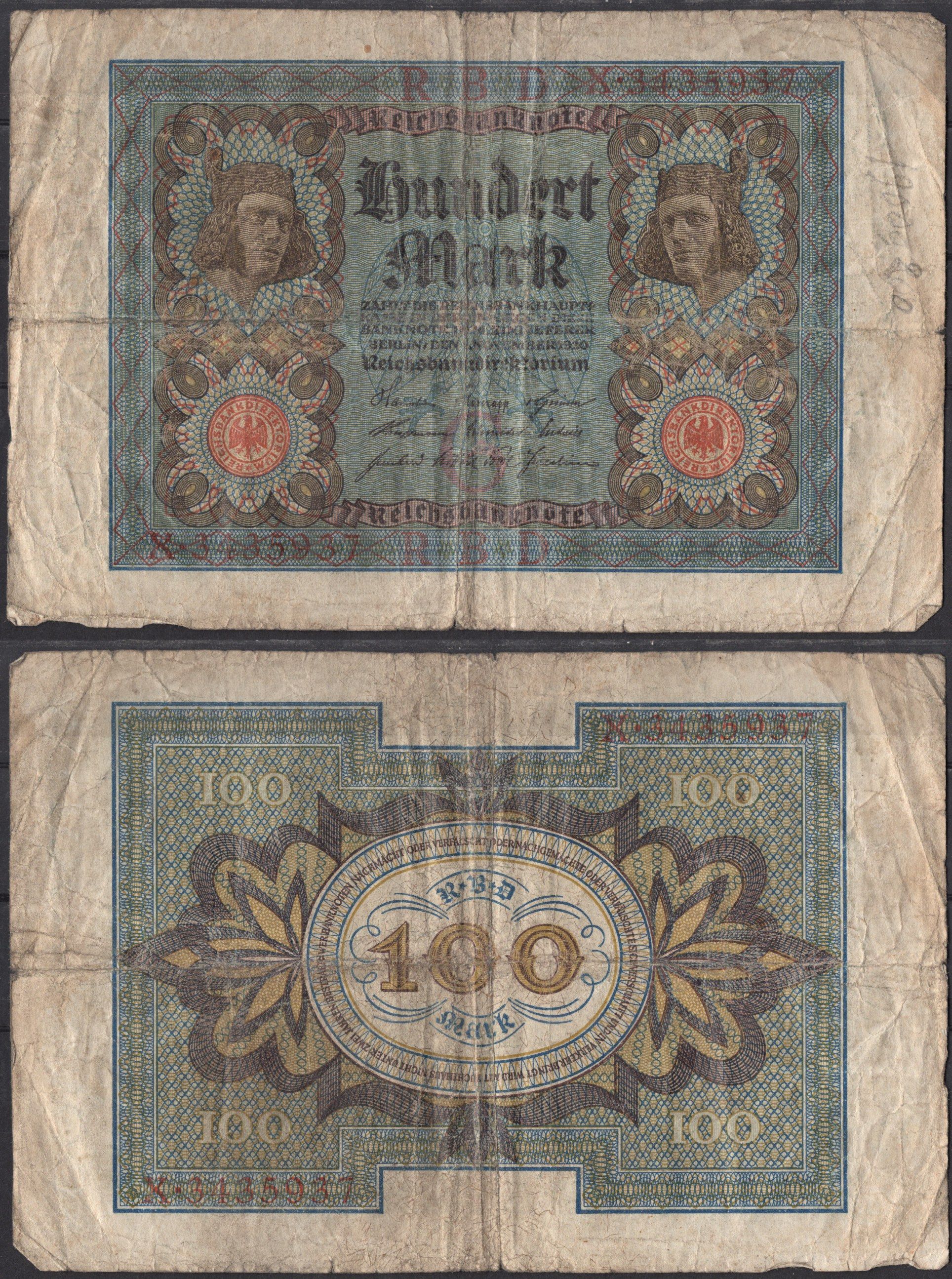 Германия 100 марок 1920 Pick 69 a бумага 2192-38-2-2