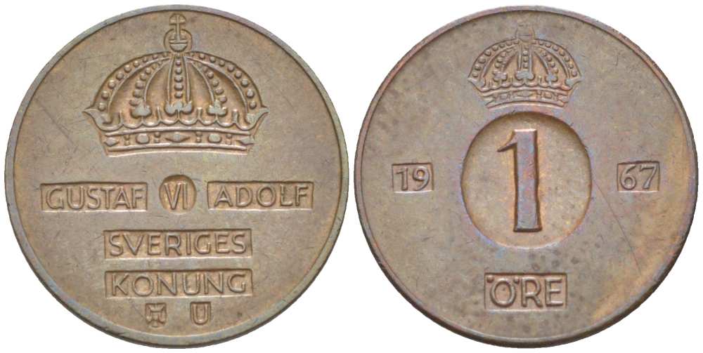 Швеция 1 эре 1967 U, Густав VI Адольф (1950-1973) KM 820 бронза 4516-428