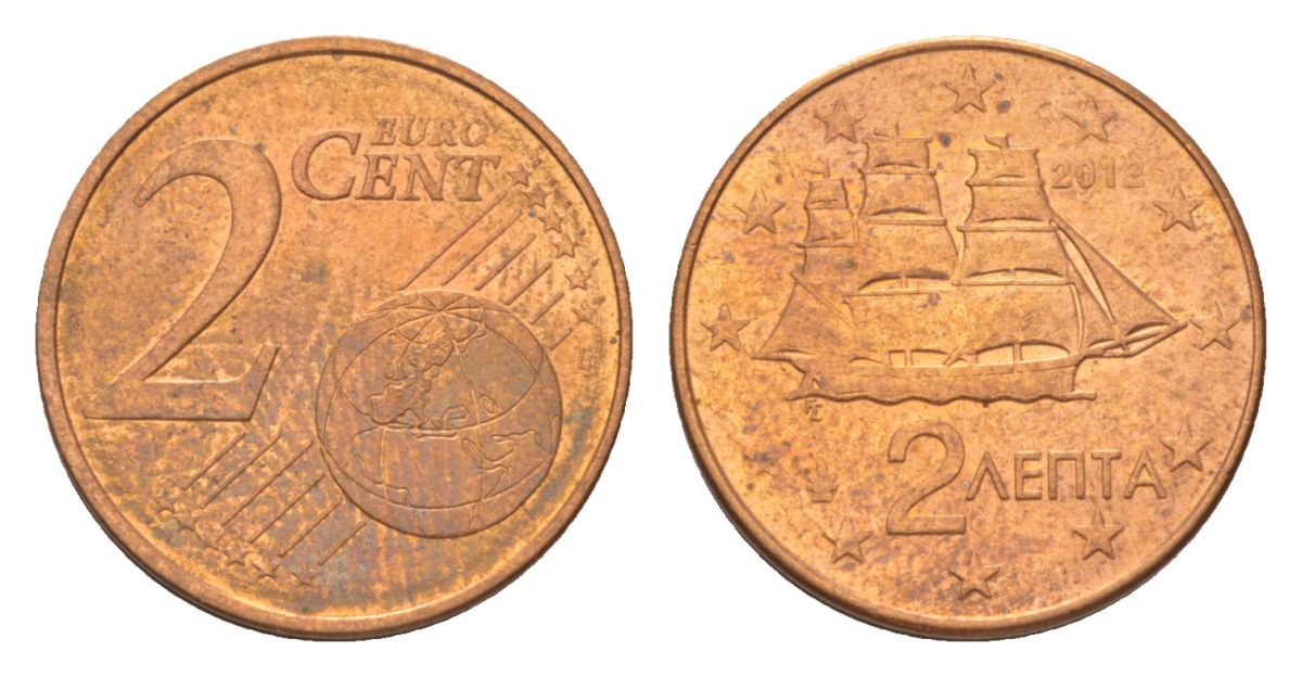 Греция 2 евроцента 2012 KM 182 сталь плакированная медью 4627-1133