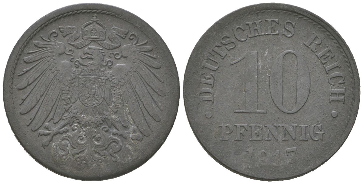 Германия 10 пфеннигов 1917 Вильгельм II (1888-1918) KM 26, J. 299 цинк 4615-753