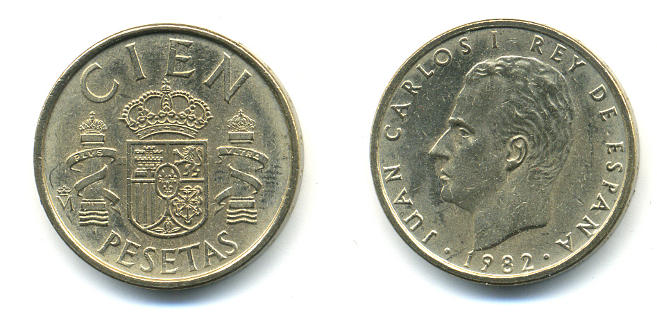 ИСПАНИЯ 100 ПЕСЕТ 1982 ХУАН КАРЛОС I (1975-) KM 826 алюминиевая бронза 83-1113